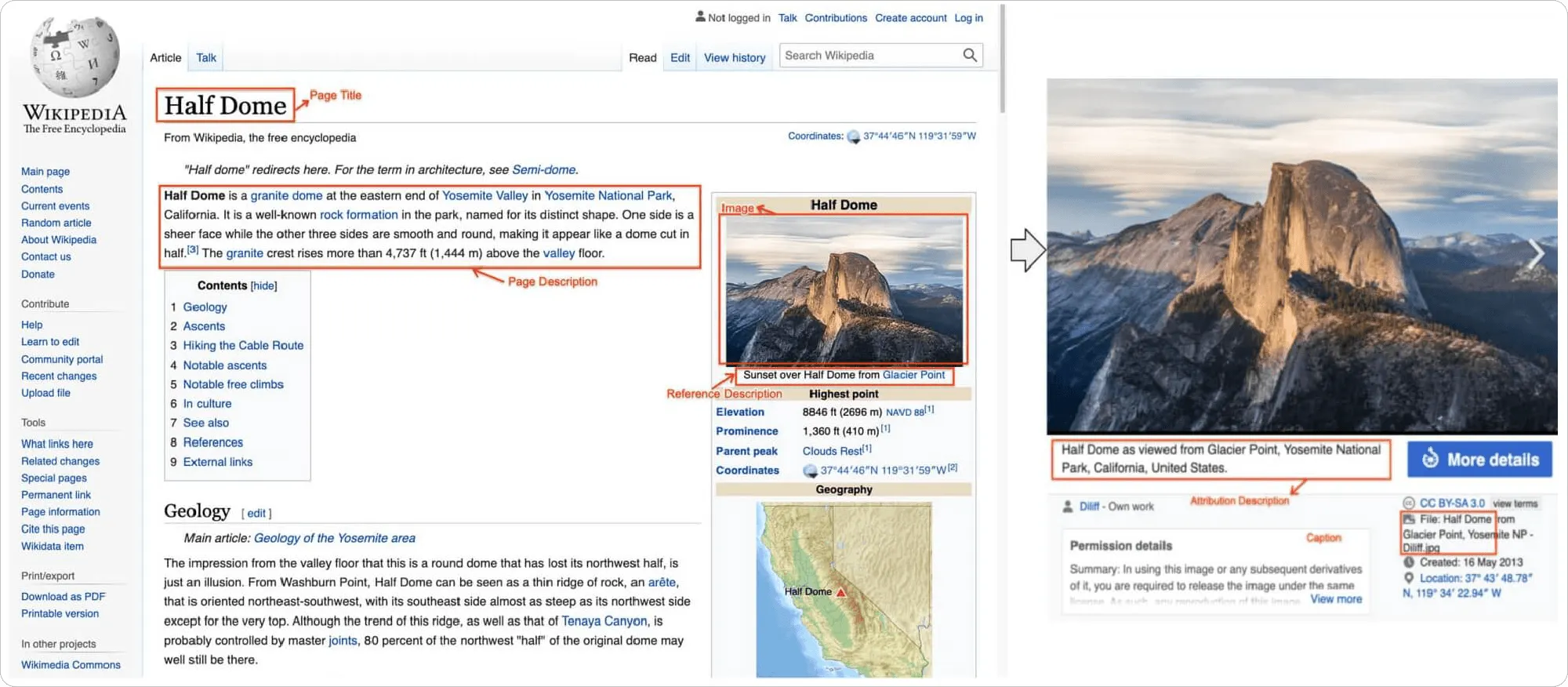 A Wikipedia image from WIT shown with its full set of text annotations.